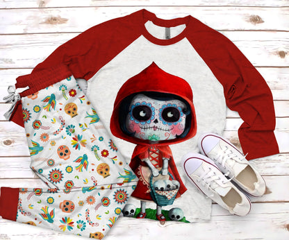Day Of The Dead Happy Sugar Skull Pajama Set |Sleepwear Pjs Sets | Raglan Shirt Pants Set