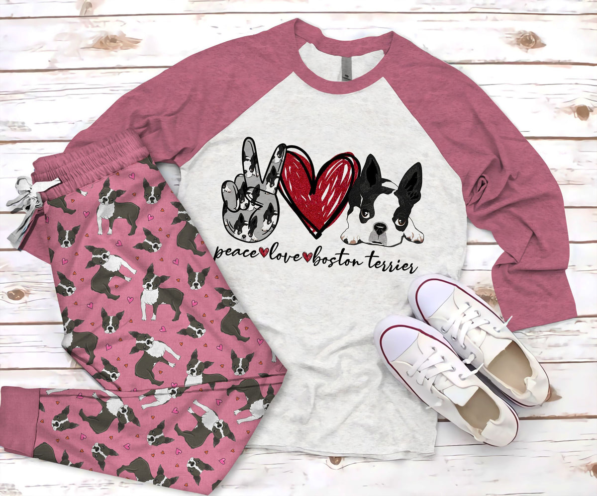 Boston Terrier Peace Pajama Set |Sleepwear Pjs Sets | Raglan Shirt Pants Set