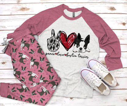 Boston Terrier Peace Pajama Set |Sleepwear Pjs Sets | Raglan Shirt Pants Set