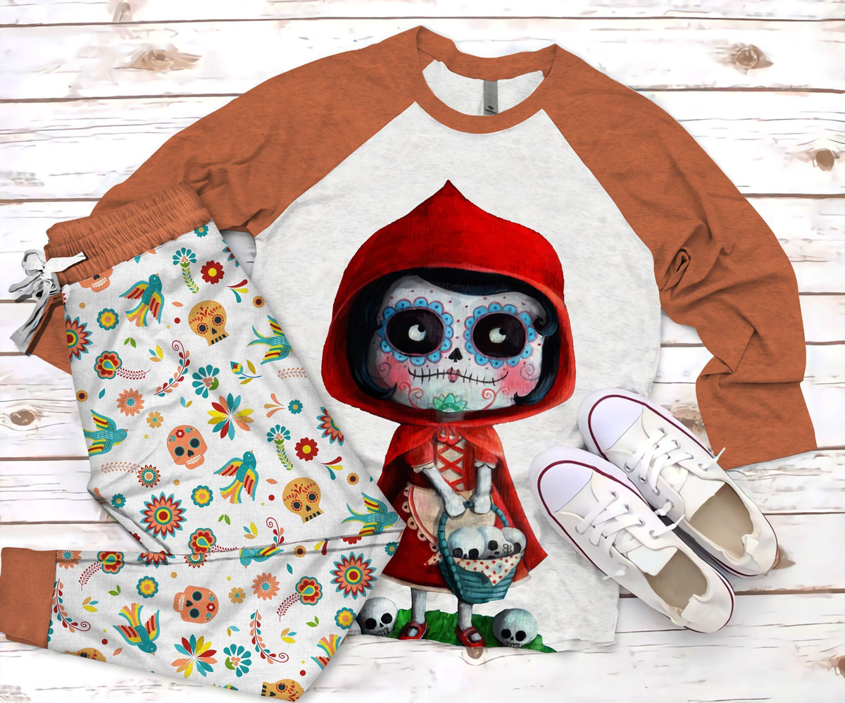 Day Of The Dead Happy Sugar Skull Pajama Set |Sleepwear Pjs Sets | Raglan Shirt Pants Set