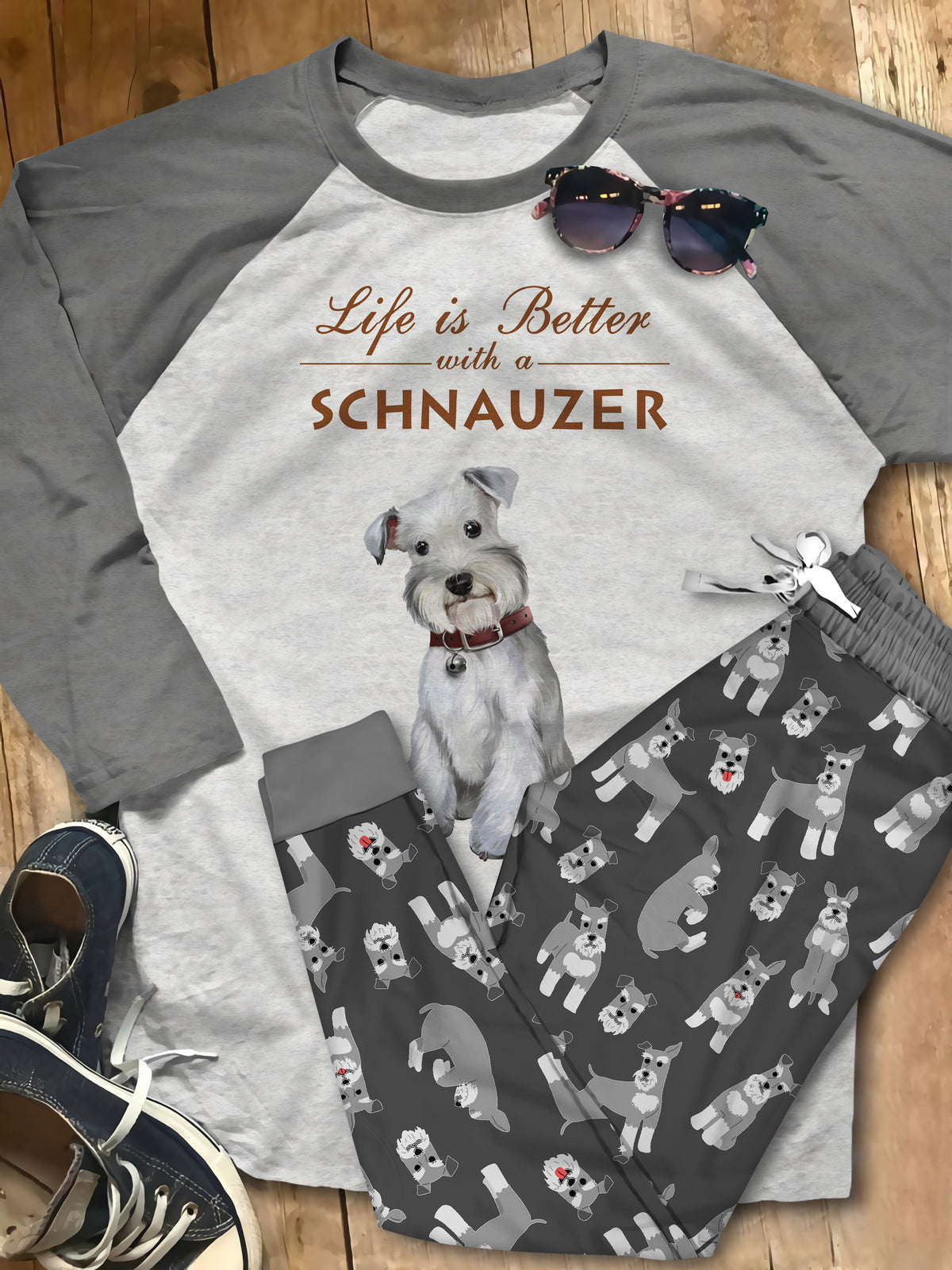Schnauzer Better Life Pajama Set |Sleepwear Pjs Sets | Raglan Shirt Pants Set