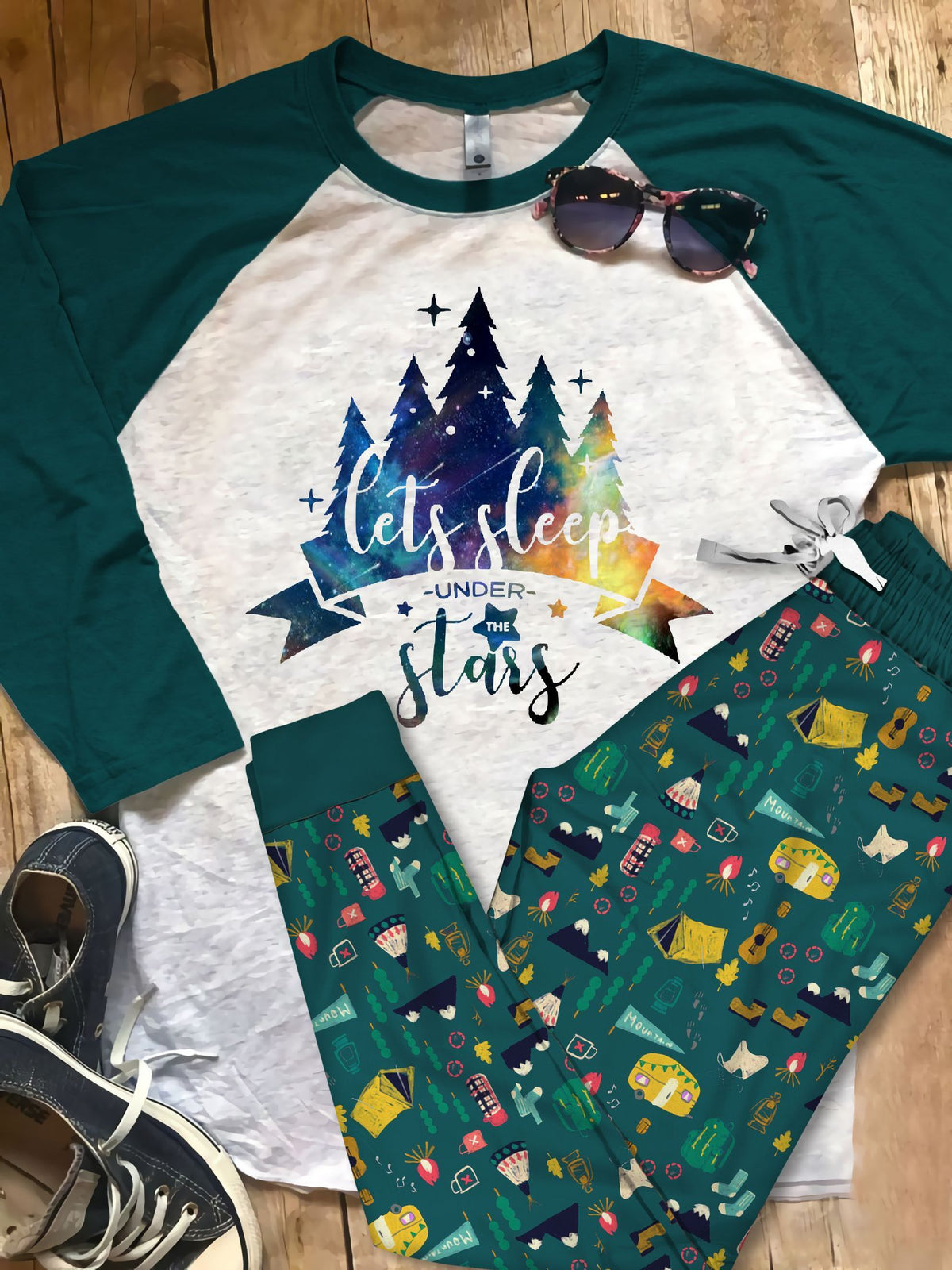 Camping Sleep Under The Star Pajama Set |Sleepwear Pjs Sets | Raglan Shirt Pants Set