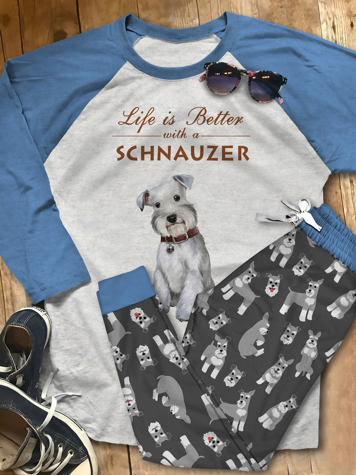 Schnauzer Better Life Pajama Set |Sleepwear Pjs Sets | Raglan Shirt Pants Set