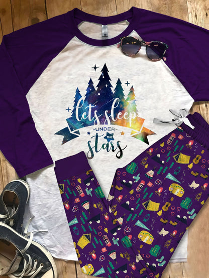 Camping Sleep Under The Star Pajama Set |Sleepwear Pjs Sets | Raglan Shirt Pants Set