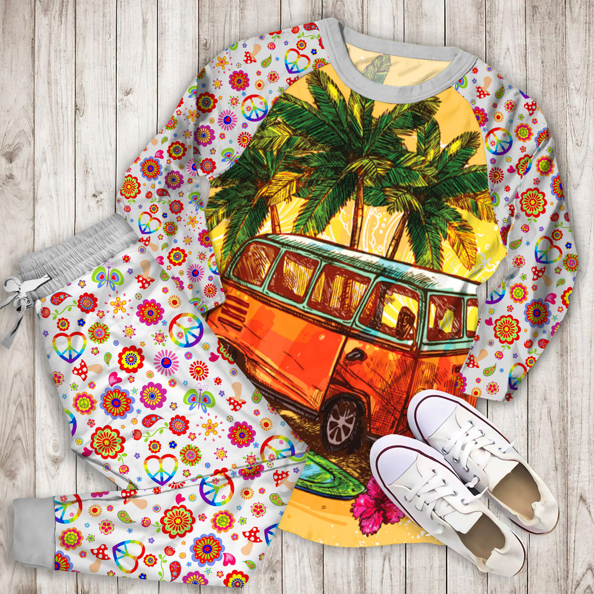 Hippie Bus Pajama Set | Pajamas | Cotton Sleepwear Sets | Soft Long Sleeve Pjs | Raglan Shirt and Pants Set