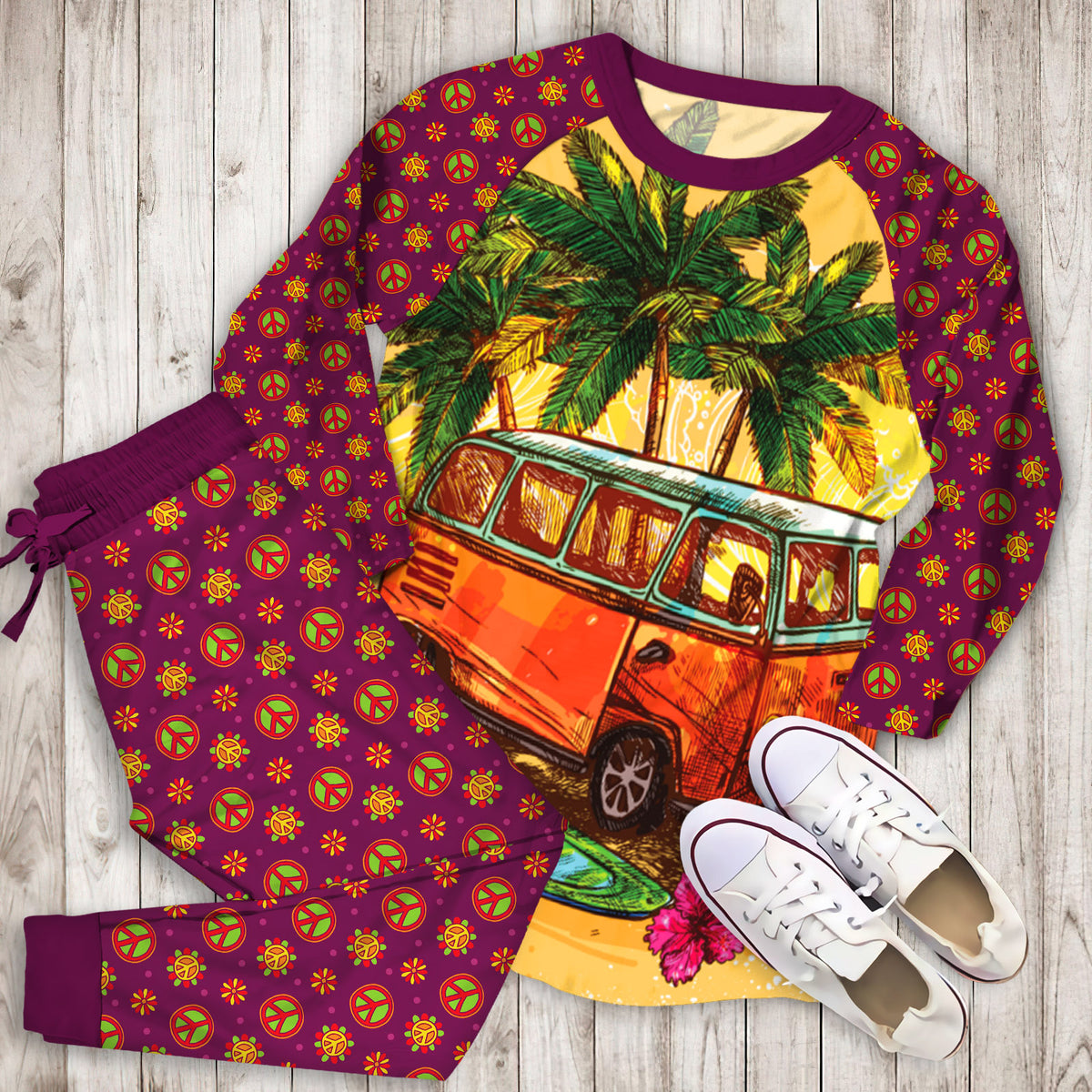 Hippie Bus Pajama Set | Pajamas | Cotton Sleepwear Sets | Soft Long Sleeve Pjs | Raglan Shirt and Pants Set