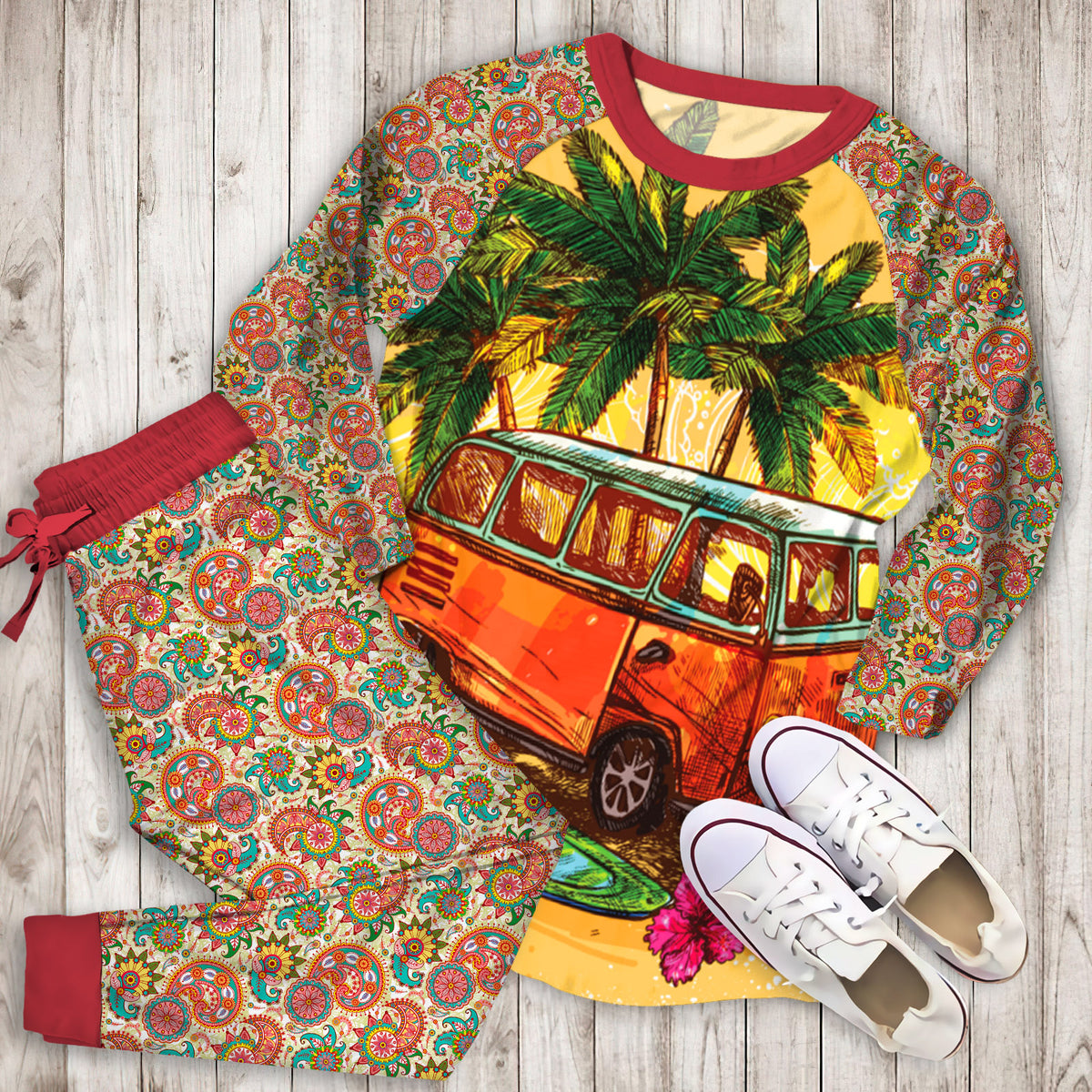 Hippie Bus Pajama Set | Pajamas | Cotton Sleepwear Sets | Soft Long Sleeve Pjs | Raglan Shirt and Pants Set