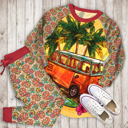 Hippie Bus Pajama Set | Pajamas | Cotton Sleepwear Sets | Soft Long Sleeve Pjs | Raglan Shirt and Pants Set