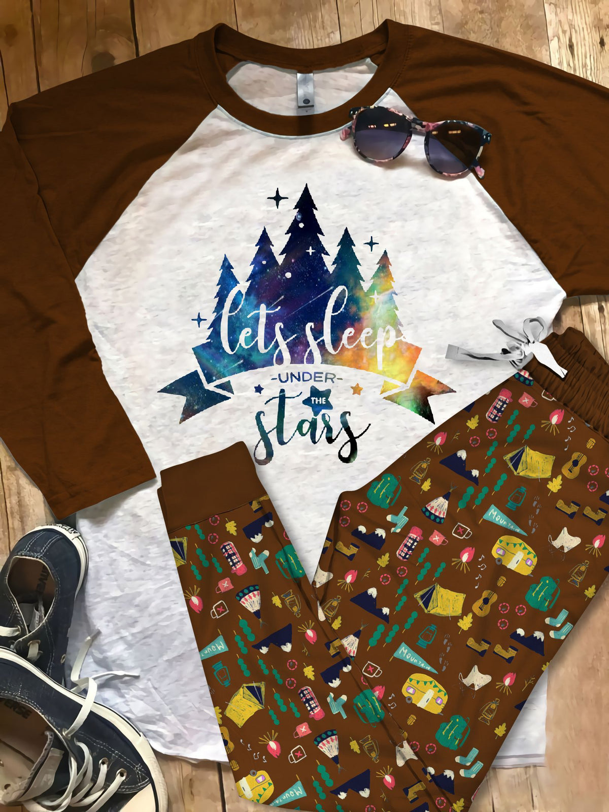 Camping Sleep Under The Star Pajama Set |Sleepwear Pjs Sets | Raglan Shirt Pants Set