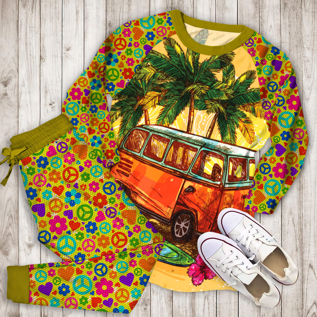 Hippie Bus Pajama Set | Pajamas | Cotton Sleepwear Sets | Soft Long Sleeve Pjs | Raglan Shirt and Pants Set