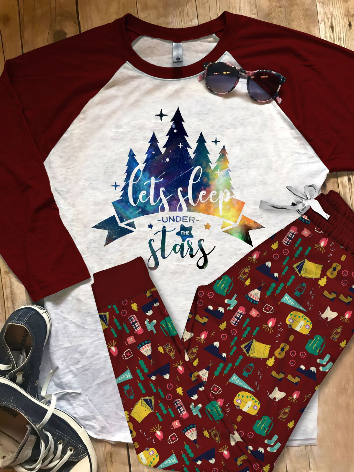Camping Sleep Under The Star Pajama Set |Sleepwear Pjs Sets | Raglan Shirt Pants Set