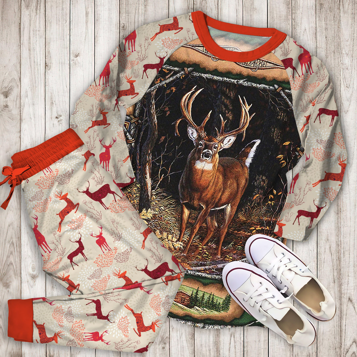 Deer Pajama Set | Pajamas | Cotton Sleepwear Sets | Soft Long Sleeve Pjs | Raglan Shirt and Pants Set