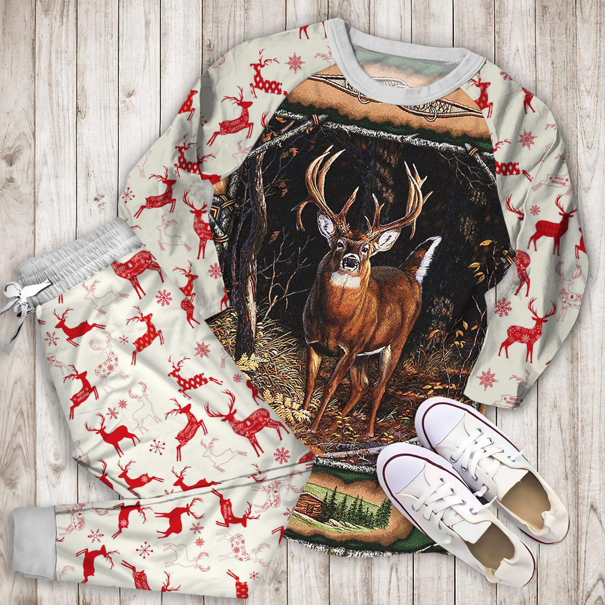 Deer Pajama Set | Pajamas | Cotton Sleepwear Sets | Soft Long Sleeve Pjs | Raglan Shirt and Pants Set