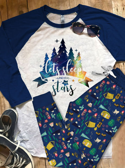 Camping Sleep Under The Star Pajama Set |Sleepwear Pjs Sets | Raglan Shirt Pants Set