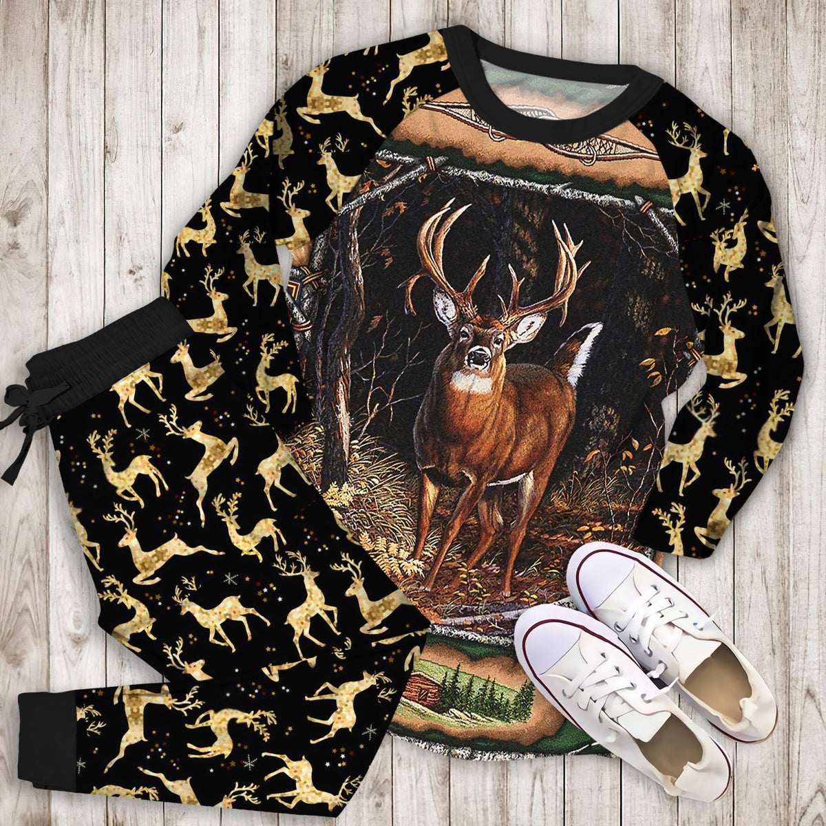 Deer Pajama Set | Pajamas | Cotton Sleepwear Sets | Soft Long Sleeve Pjs | Raglan Shirt and Pants Set