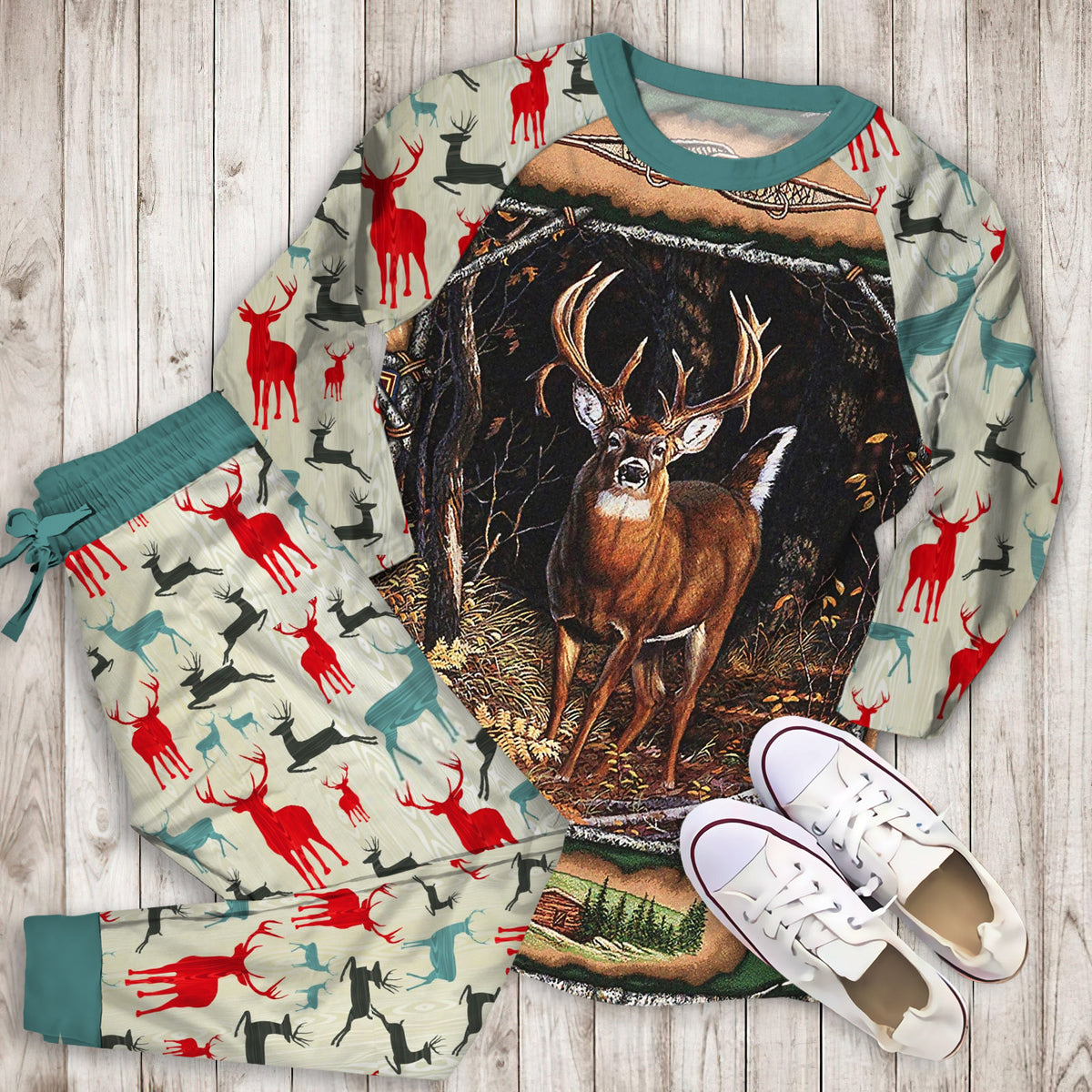 Deer Pajama Set | Pajamas | Cotton Sleepwear Sets | Soft Long Sleeve Pjs | Raglan Shirt and Pants Set