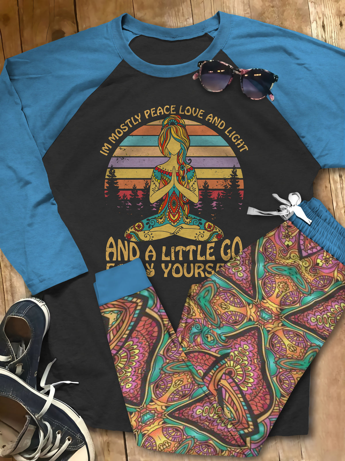 Yoga Peace Love And Light Pajama Set |Sleepwear Pjs Sets | Raglan Shirt Pants Set