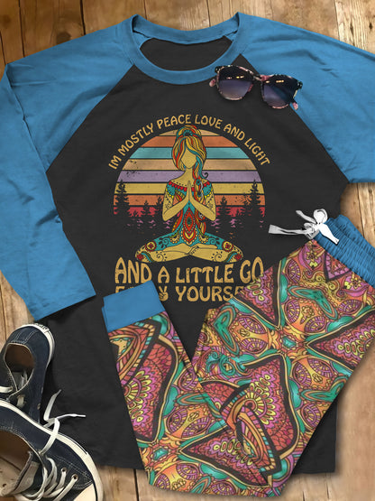 Yoga Peace Love And Light Pajama Set |Sleepwear Pjs Sets | Raglan Shirt Pants Set