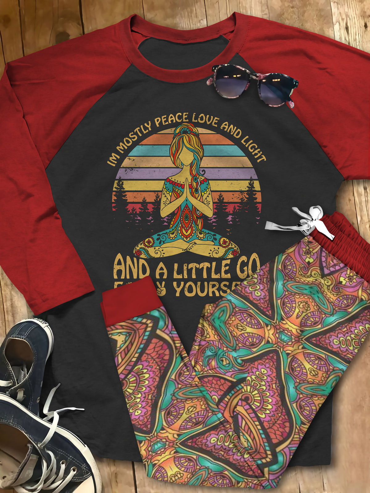 Yoga Peace Love And Light Pajama Set |Sleepwear Pjs Sets | Raglan Shirt Pants Set