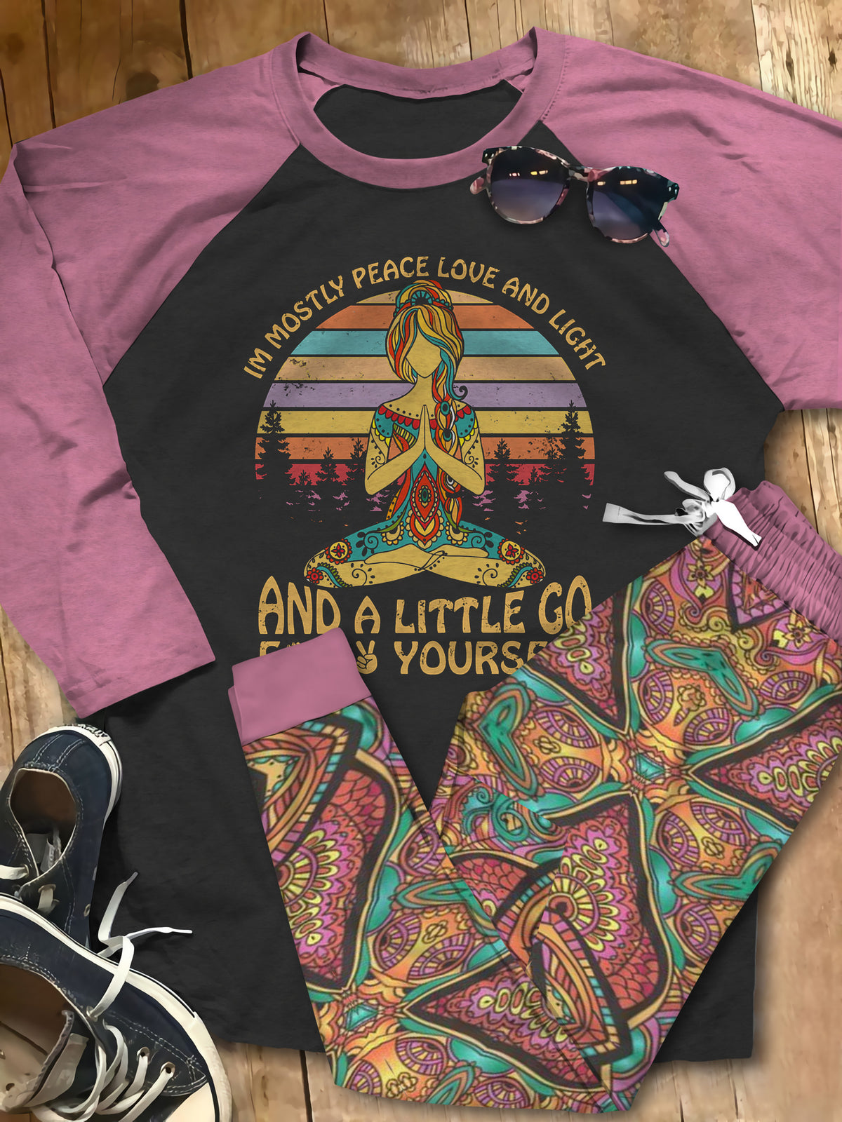 Yoga Peace Love And Light Pajama Set |Sleepwear Pjs Sets | Raglan Shirt Pants Set