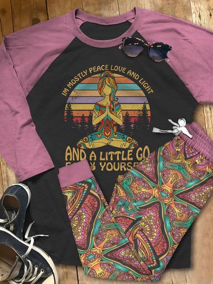 Yoga Peace Love And Light Pajama Set |Sleepwear Pjs Sets | Raglan Shirt Pants Set