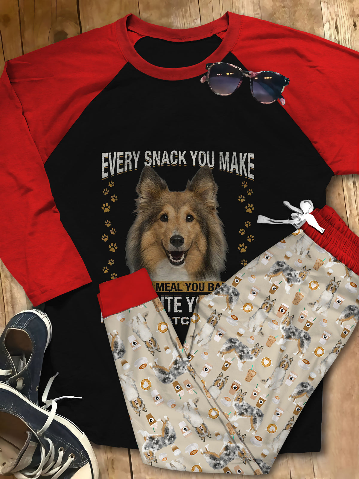 Shetland Sheepdog Premium Cute Gift Pajama Set |Sleepwear Pjs Sets | Raglan Shirt Pants Set