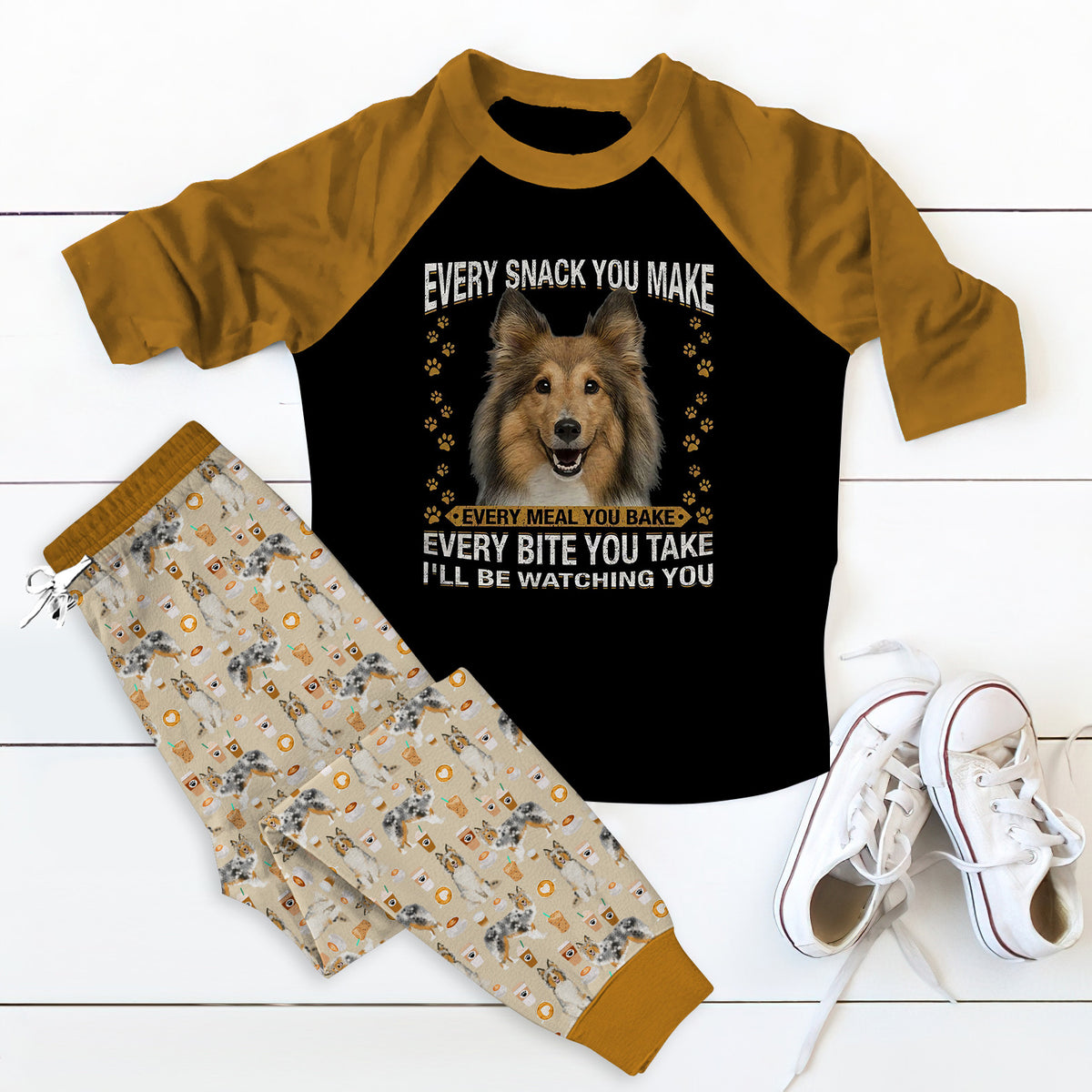 Shetland Sheepdog Premium Cute Gift Pajama Set |Sleepwear Pjs Sets | Raglan Shirt Pants Set