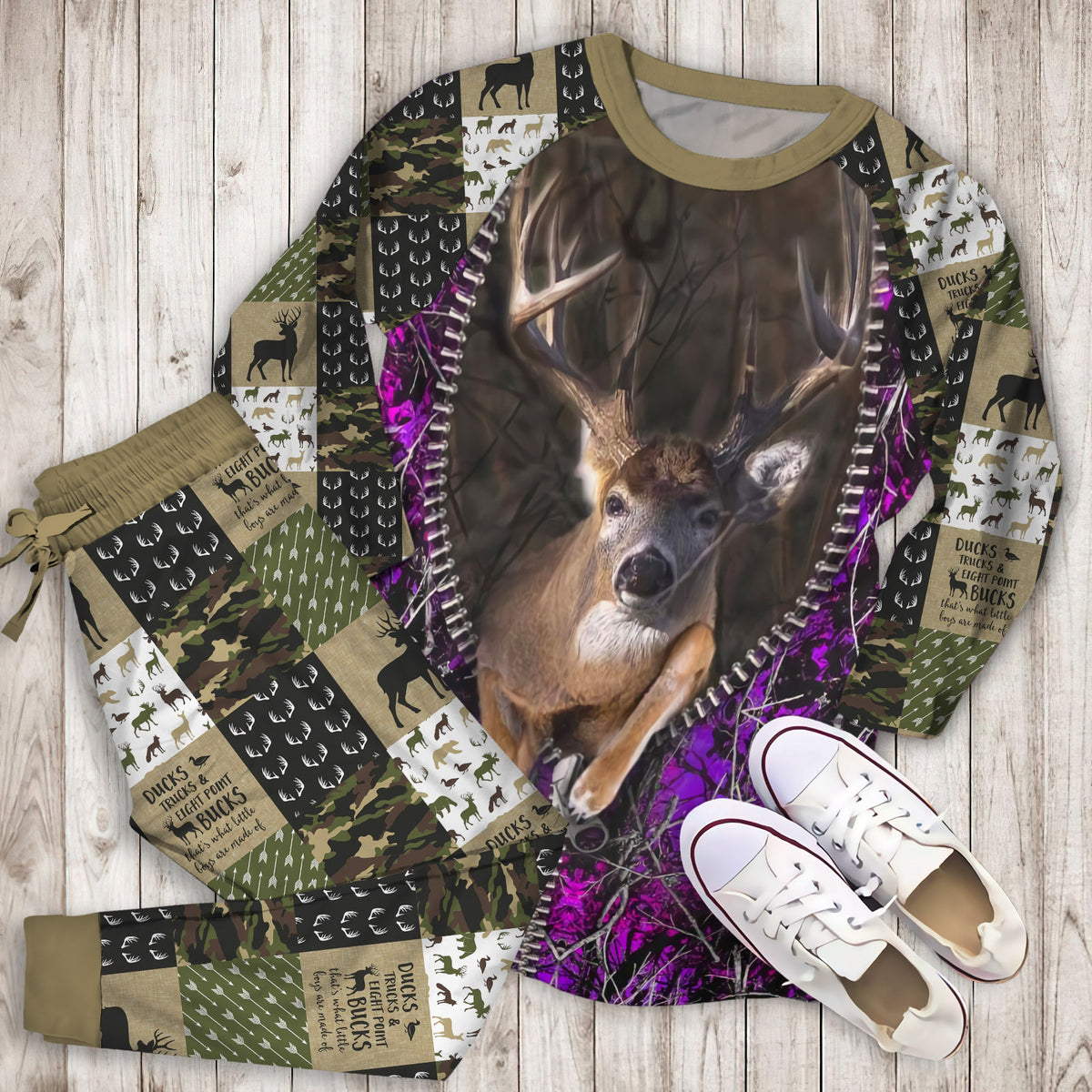 Hunting Purple Buck Load Aim Fire Comforter Duvet Pajama Set | Pajamas | Cotton Sleepwear Sets | Soft Long Sleeve Pjs | Raglan Shirt and Pants Set