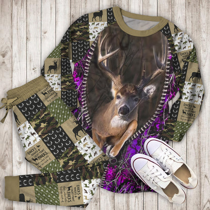 Hunting Purple Buck Load Aim Fire Comforter Duvet Pajama Set | Pajamas | Cotton Sleepwear Sets | Soft Long Sleeve Pjs | Raglan Shirt and Pants Set