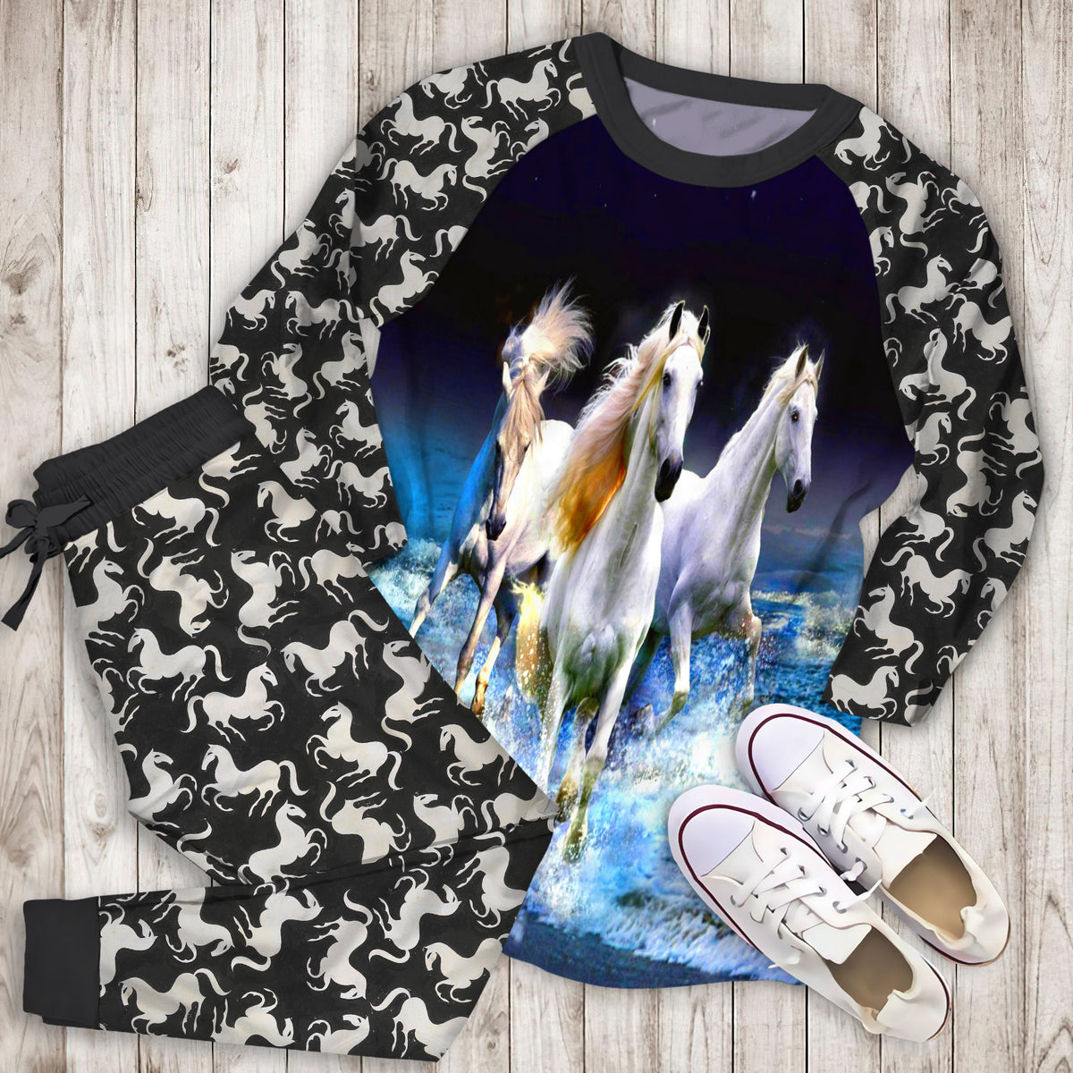 Horses Pajama Set | Pajamas | Cotton Sleepwear Sets | Soft Long Sleeve Pjs | Raglan Shirt and Pants Set
