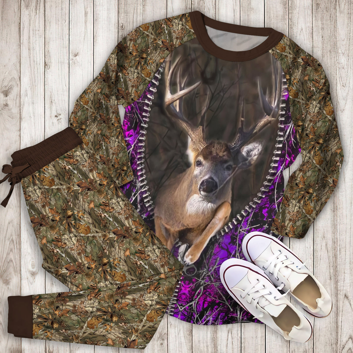 Hunting Purple Buck Load Aim Fire Comforter Duvet Pajama Set | Pajamas | Cotton Sleepwear Sets | Soft Long Sleeve Pjs | Raglan Shirt and Pants Set