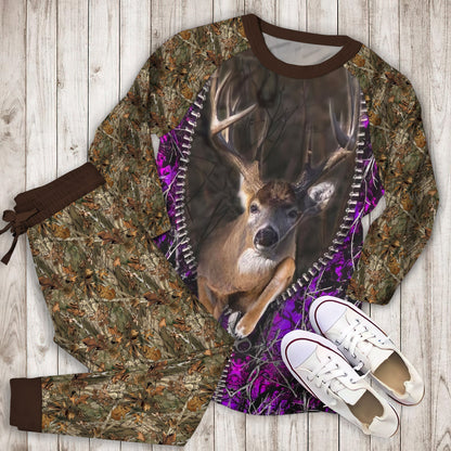 Hunting Purple Buck Load Aim Fire Comforter Duvet Pajama Set | Pajamas | Cotton Sleepwear Sets | Soft Long Sleeve Pjs | Raglan Shirt and Pants Set