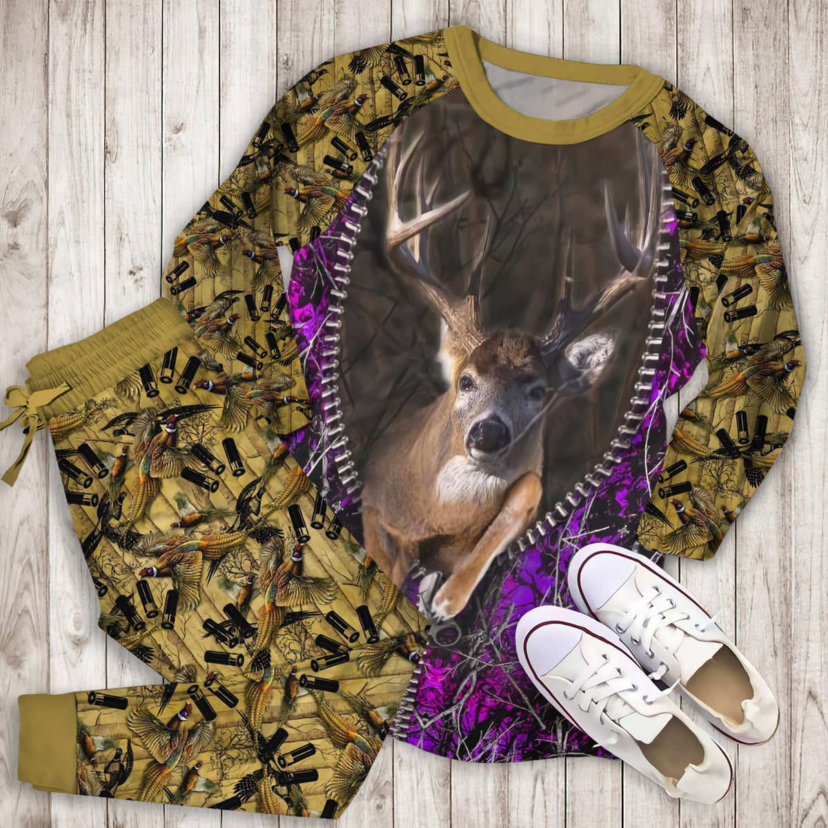 Hunting Purple Buck Load Aim Fire Comforter Duvet Pajama Set | Pajamas | Cotton Sleepwear Sets | Soft Long Sleeve Pjs | Raglan Shirt and Pants Set