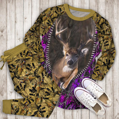 Hunting Purple Buck Load Aim Fire Comforter Duvet Pajama Set | Pajamas | Cotton Sleepwear Sets | Soft Long Sleeve Pjs | Raglan Shirt and Pants Set
