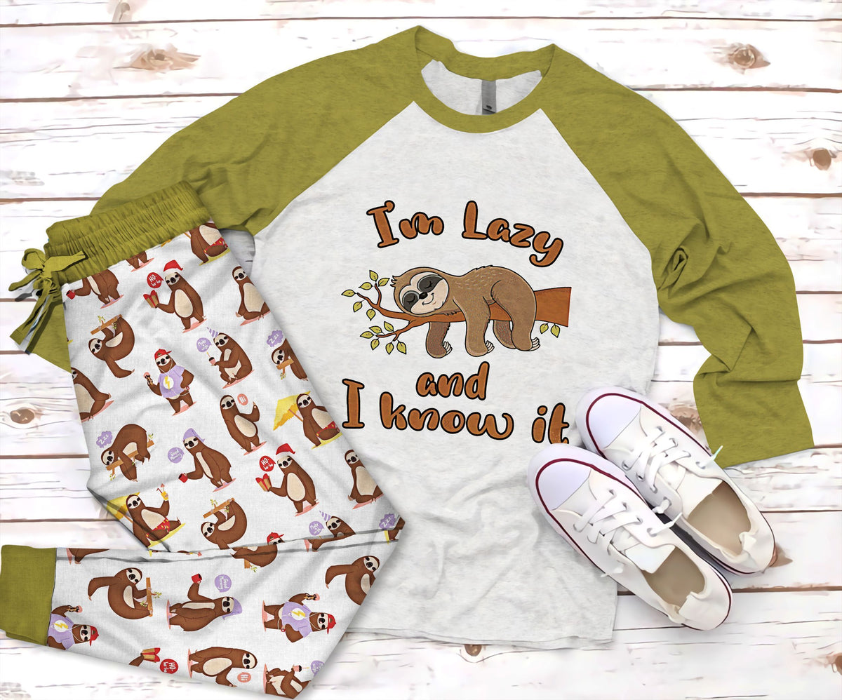 Sloth I Am Lazy And I Know Pajama Set |Sleepwear Pjs Sets | Raglan Shirt Pants Set