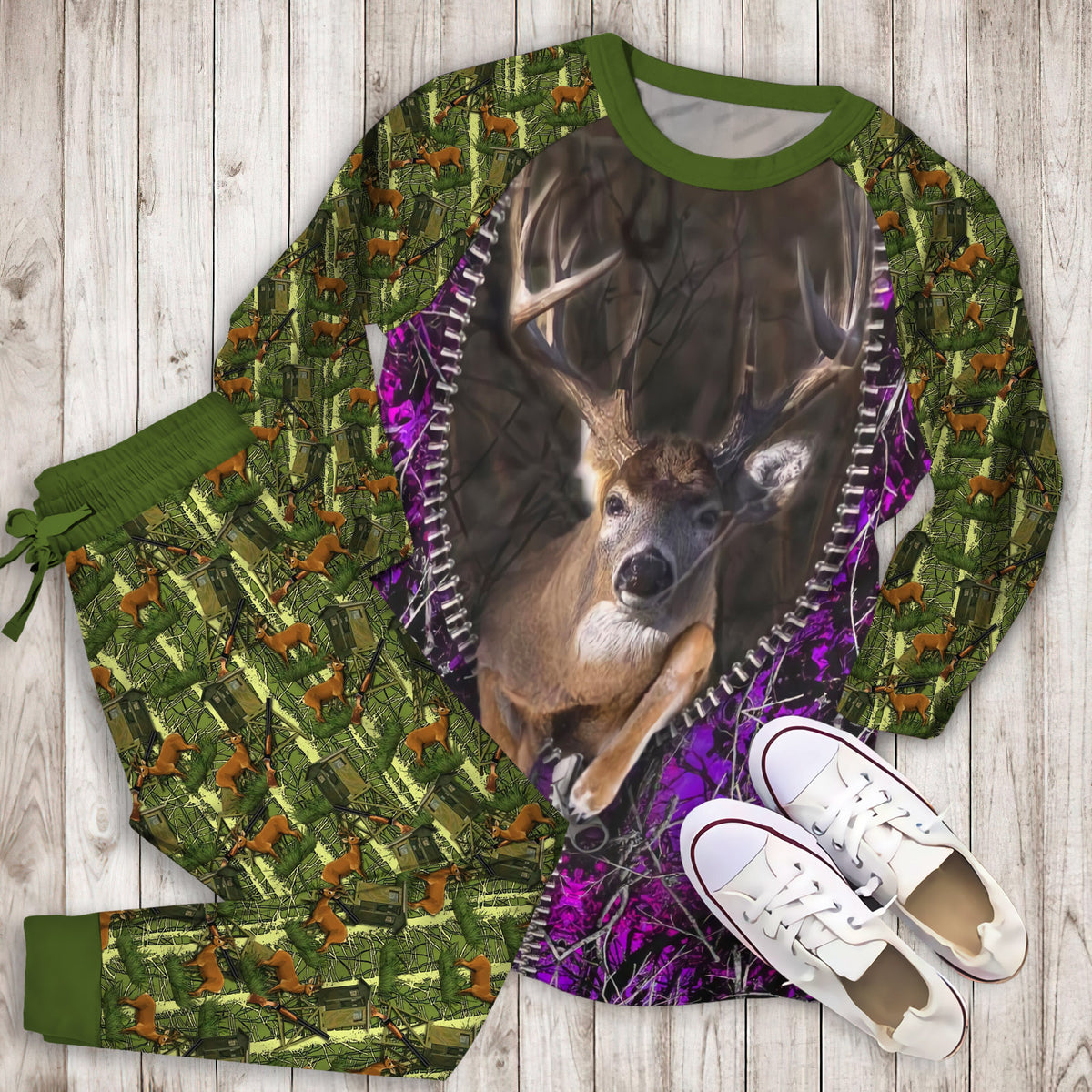 Hunting Purple Buck Load Aim Fire Comforter Duvet Pajama Set | Pajamas | Cotton Sleepwear Sets | Soft Long Sleeve Pjs | Raglan Shirt and Pants Set