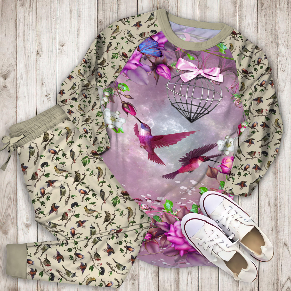 Hummingbird Pajama Set |Sleepwear Pjs Sets | Raglan Shirt Pants Set