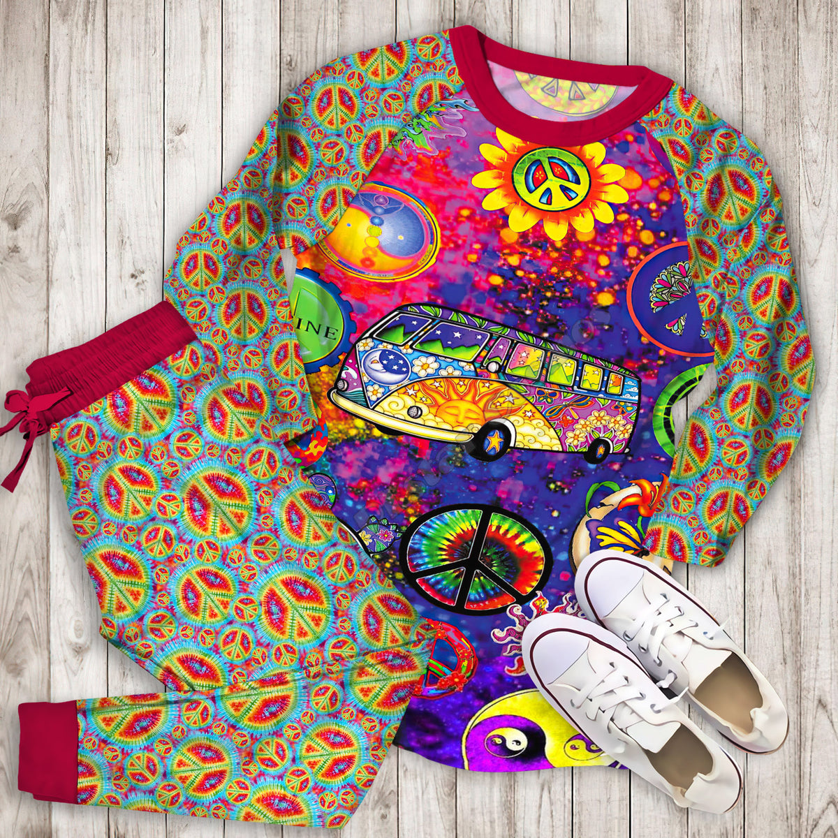 Hippie Peace Bus Pajama Set |Sleepwear Pjs Sets | Raglan Shirt Pants Set