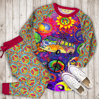 Hippie Peace Bus Pajama Set |Sleepwear Pjs Sets | Raglan Shirt Pants Set