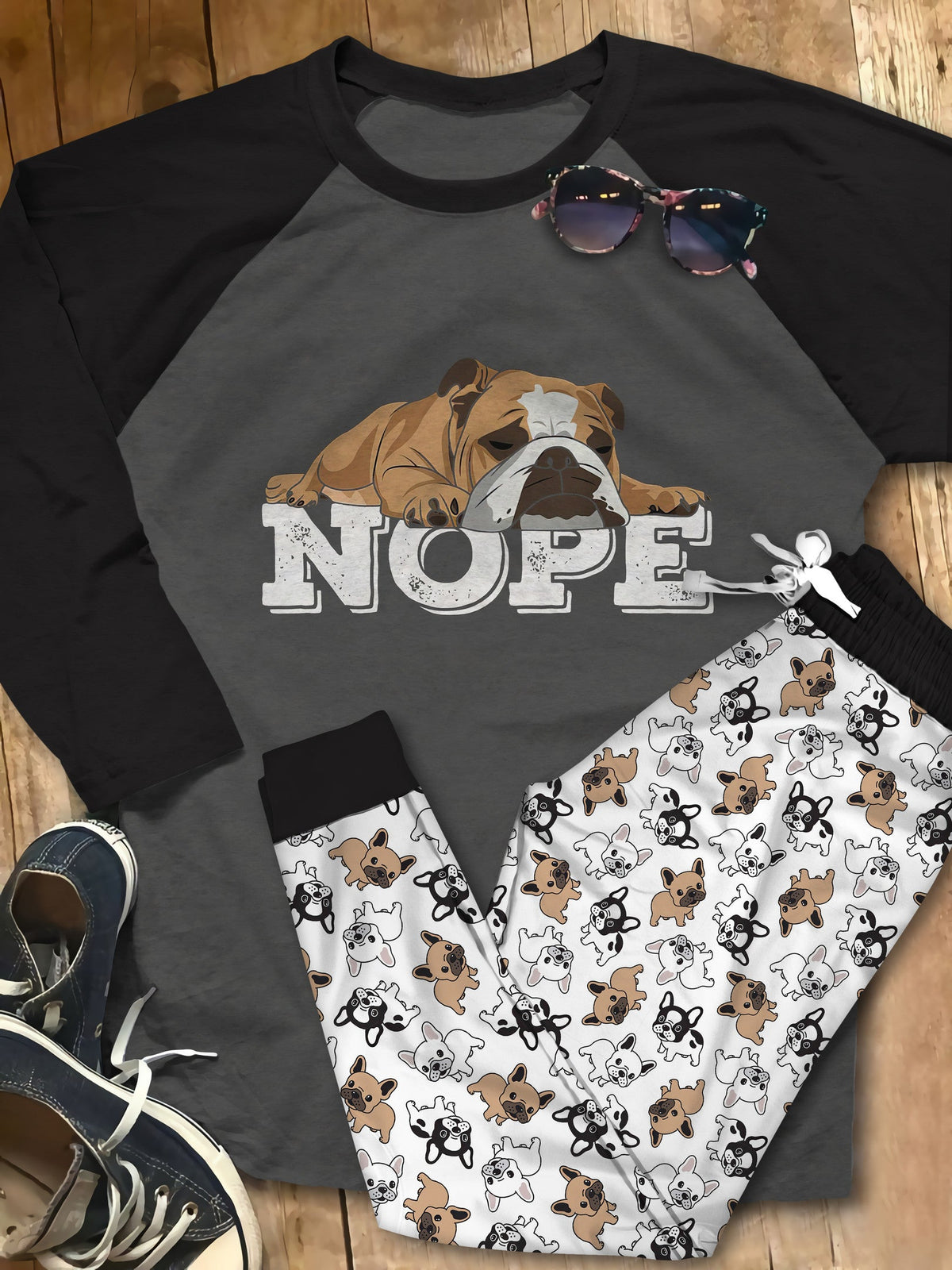 Bulldog Nope Pajama Set |Sleepwear Pjs Sets | Raglan Shirt Pants Set
