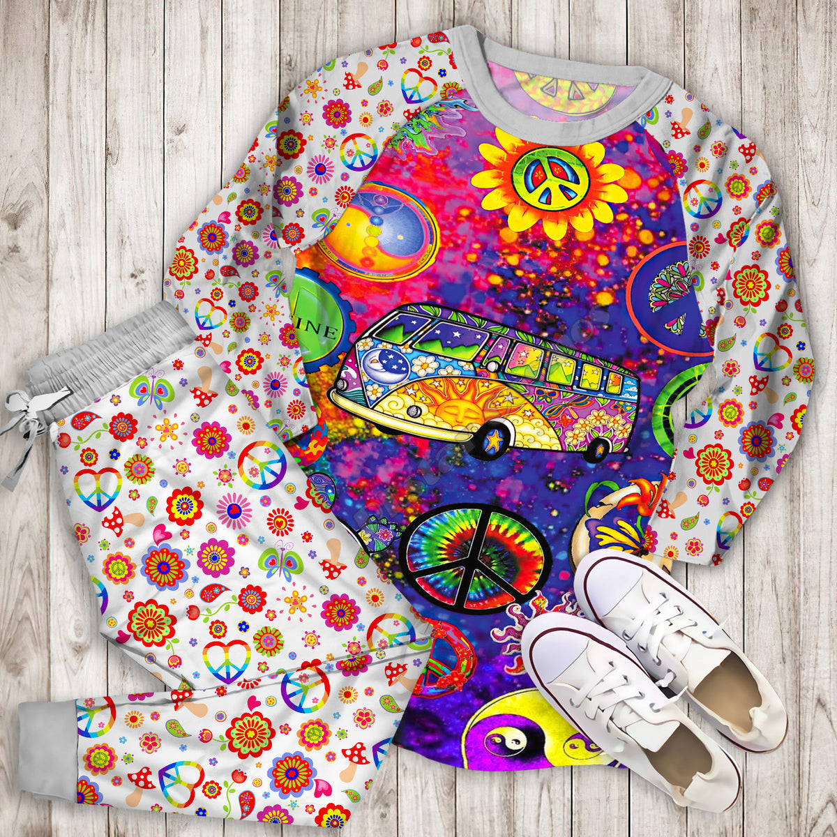 Hippie Peace Bus Pajama Set |Sleepwear Pjs Sets | Raglan Shirt Pants Set