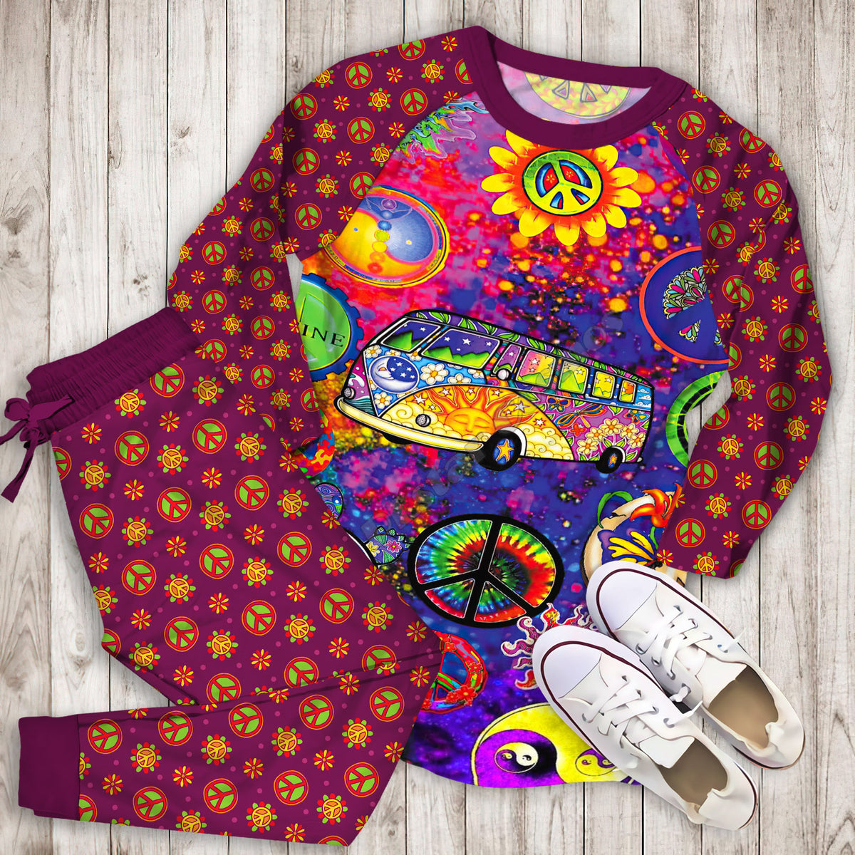 Hippie Peace Bus Pajama Set |Sleepwear Pjs Sets | Raglan Shirt Pants Set