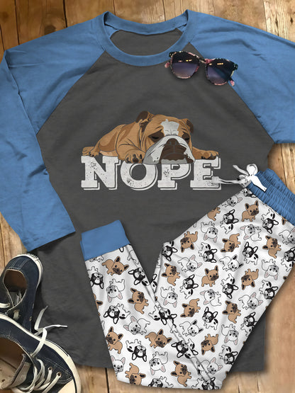 Bulldog Nope Pajama Set |Sleepwear Pjs Sets | Raglan Shirt Pants Set