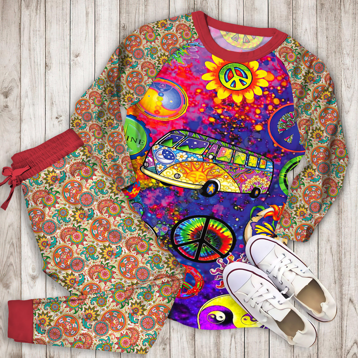 Hippie Peace Bus Pajama Set |Sleepwear Pjs Sets | Raglan Shirt Pants Set