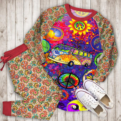 Hippie Peace Bus Pajama Set |Sleepwear Pjs Sets | Raglan Shirt Pants Set