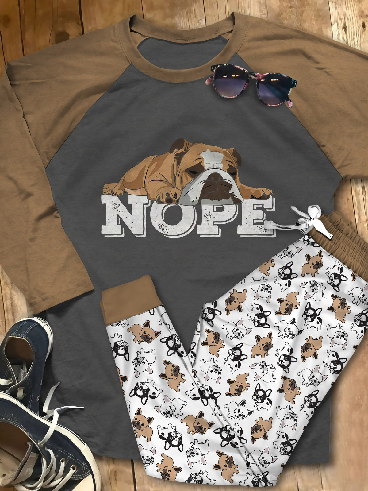 Bulldog Nope Pajama Set |Sleepwear Pjs Sets | Raglan Shirt Pants Set