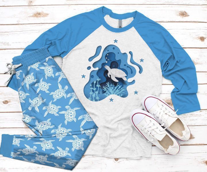 Sea Turtle Ocean Call Pajama Set |Sleepwear Pjs Sets | Raglan Shirt Pants Set