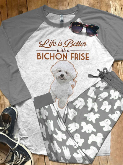 Bichon Life Is Better Pajama Set |Sleepwear Pjs Sets | Raglan Shirt Pants Set
