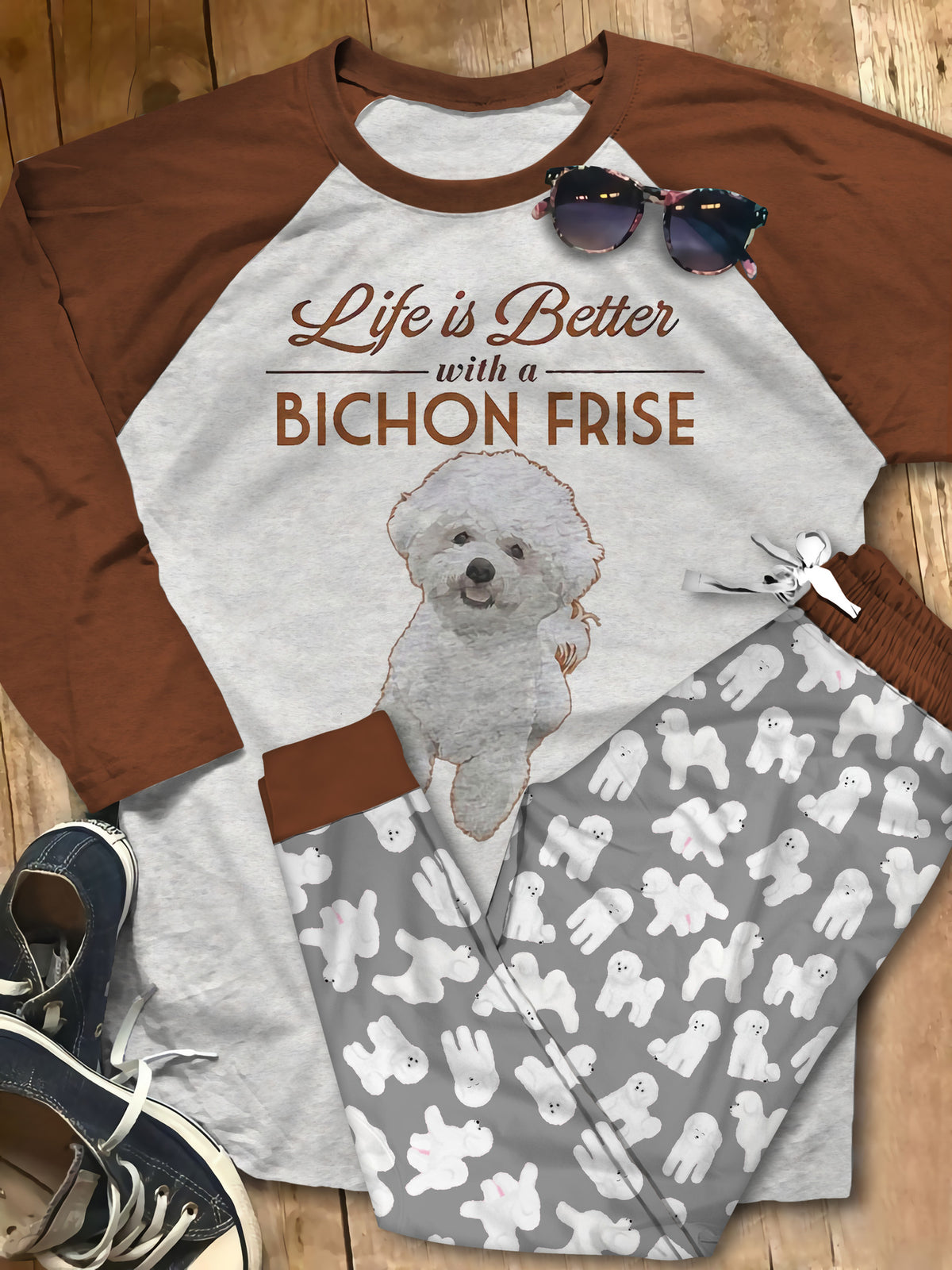 Bichon Life Is Better Pajama Set |Sleepwear Pjs Sets | Raglan Shirt Pants Set