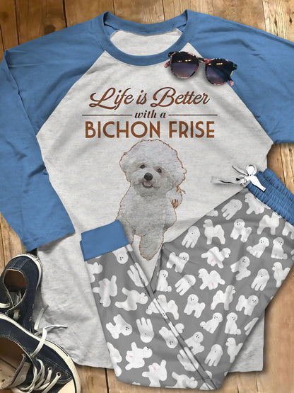 Bichon Life Is Better Pajama Set |Sleepwear Pjs Sets | Raglan Shirt Pants Set